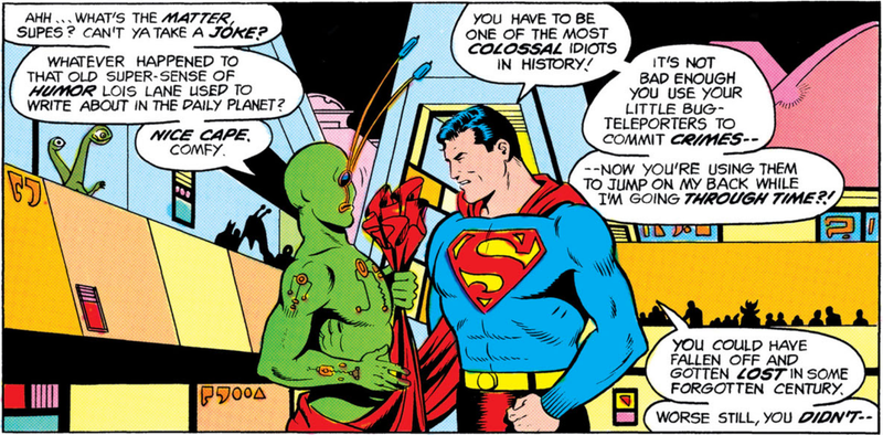 A Superman who looks like he did in the 1940s complains about Ambush Bug in the 30th Century.